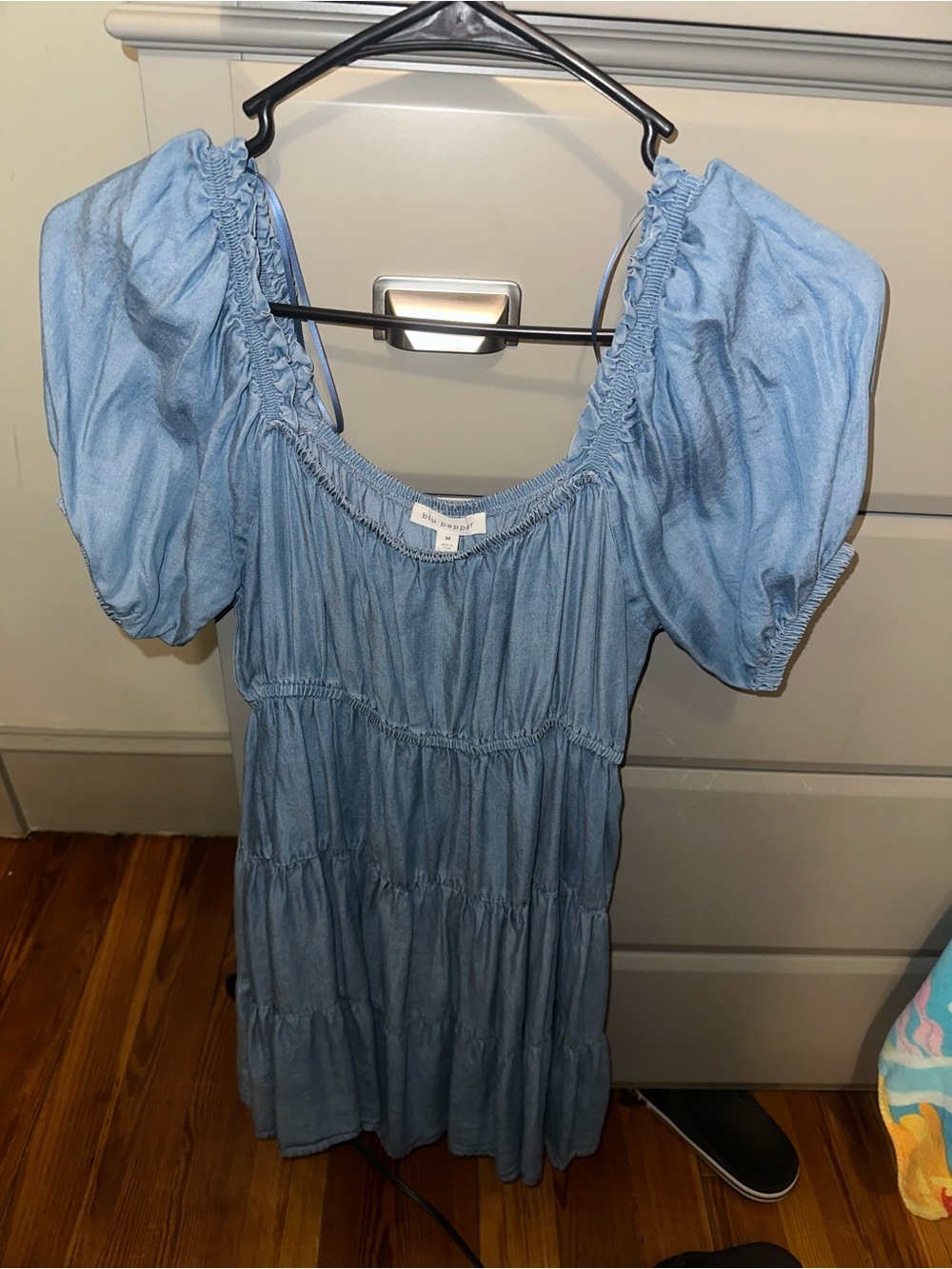 Light Blue Puff Sleeve Tiered Mini Dress NWOT SIZE M